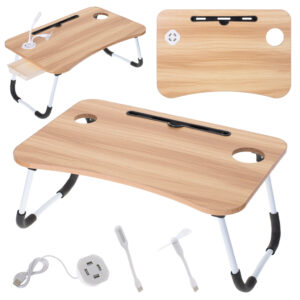 Masa pentru Laptop plianta din MDF, dimensiune 60 x 39,5 cm, cu USB, sertar, lampa si ventilator