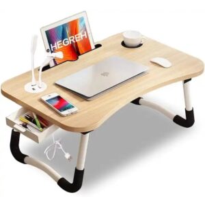 Masa pentru Laptop plianta din MDF, dimensiune 60 x 39,5 cm, cu USB, sertar, lampa si ventilator