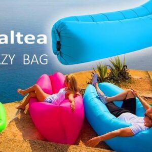 Saltea Autogonflabila "Lazy Bag" tip sezlong, 185 x 70cm, culoare Negru-Violet, pentru camping, plaja sau piscina