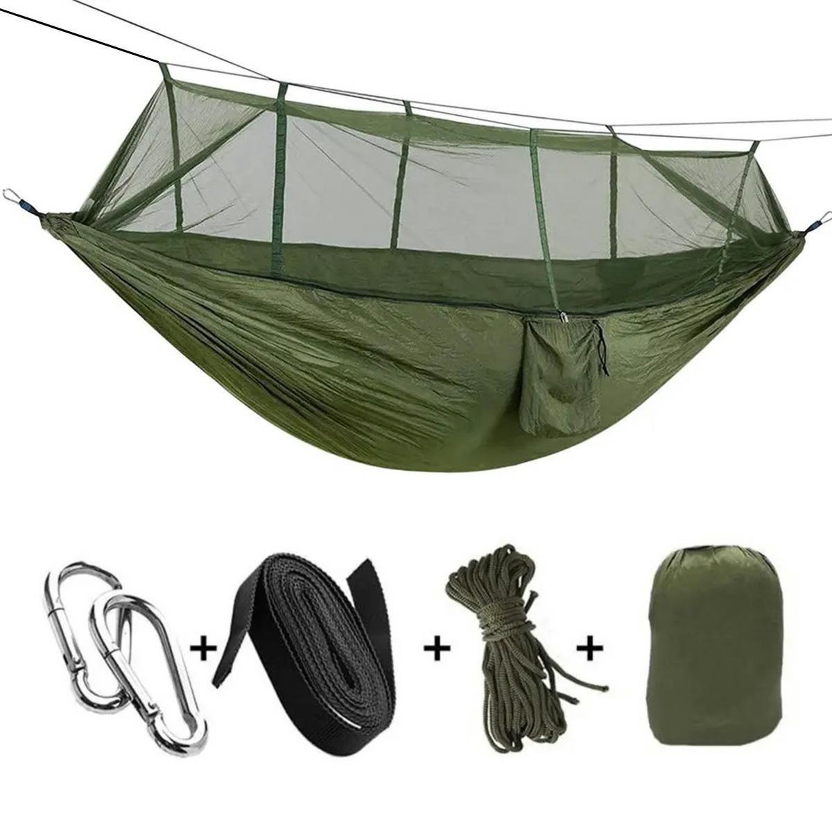 Hamac turistic din nylon cu plasa de tantari, culoare verde, dimensiuni 260 cm x 140 cm 1 Hamac turistic din nylon cu plasa de tantari, culoare verde, dimensiuni 260 cm x 140 cm